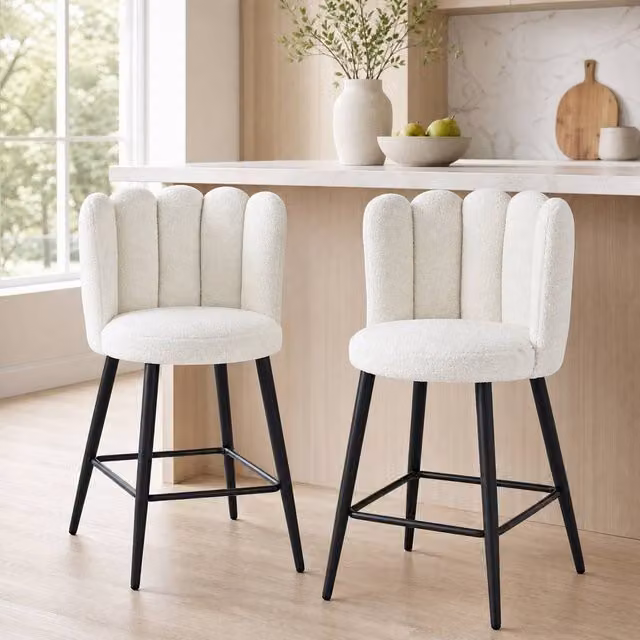 STILVORA Set of 2 Modern Cream Bouclé Bar Stools with Steel Frame