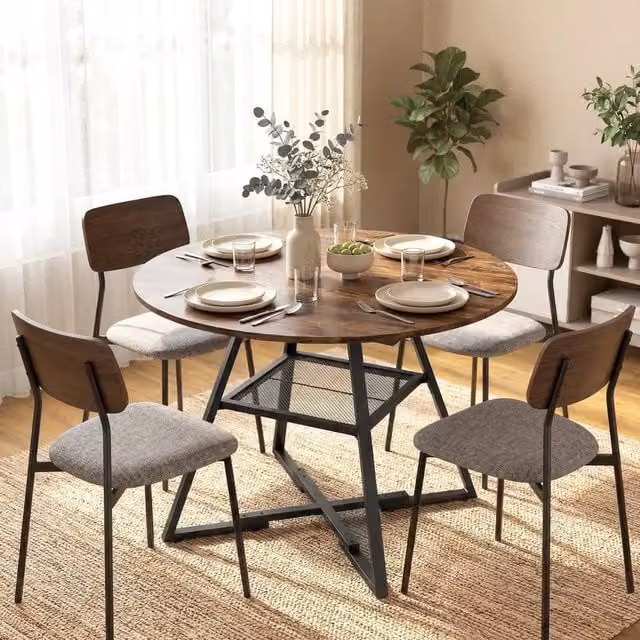EONLION Round Industrial Dining Table for 4 Adults, Brown, Diameter: 100 cm – 1