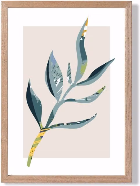 ARTZE Papyrus Leaf Mid Century Modern Botanical Framed Print in Petrol, Green and Purple with Oak Wood Frame, A2