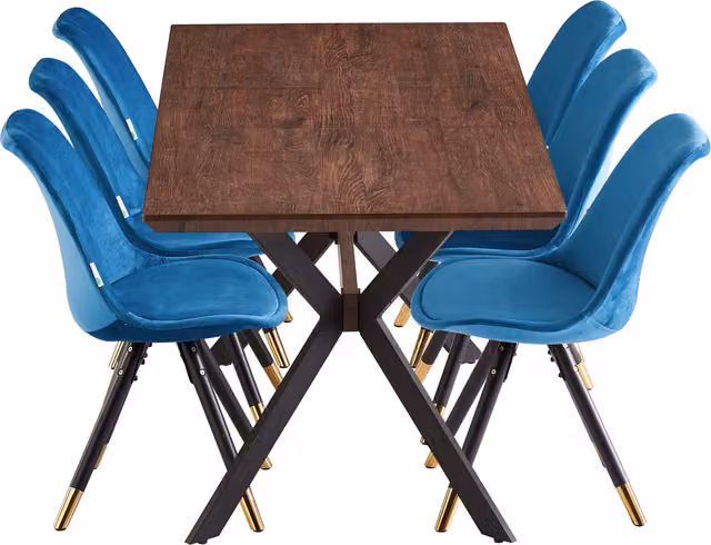 Life Interiors Sofia Blaze LUX Dining Set with Extendable Rectangular Table and 6 Blue and Gold Chairs