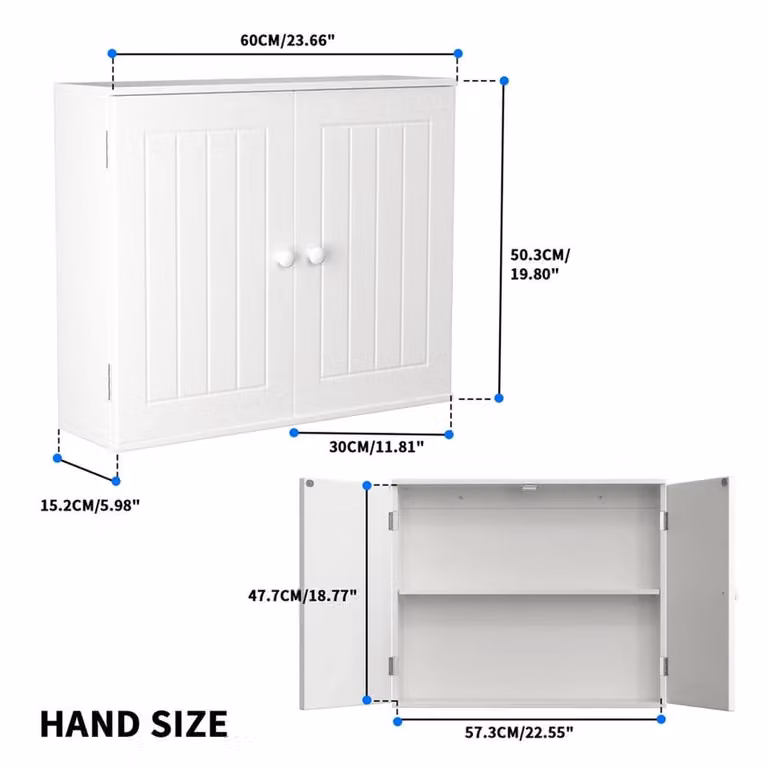 EONLION White Matt Floating Wall Mounted Bathroom Cabinet with Hinged Doors and Internal Shelves