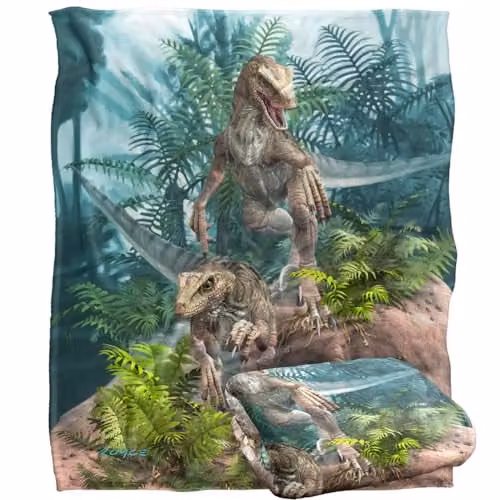 JQ Licensing Royce McClure Bad Boy Raptor Dinosaurs Super Soft Silky Touch Fleece Throw Blanket, White and Multicolour, W/D/H: 152 x 127 cm