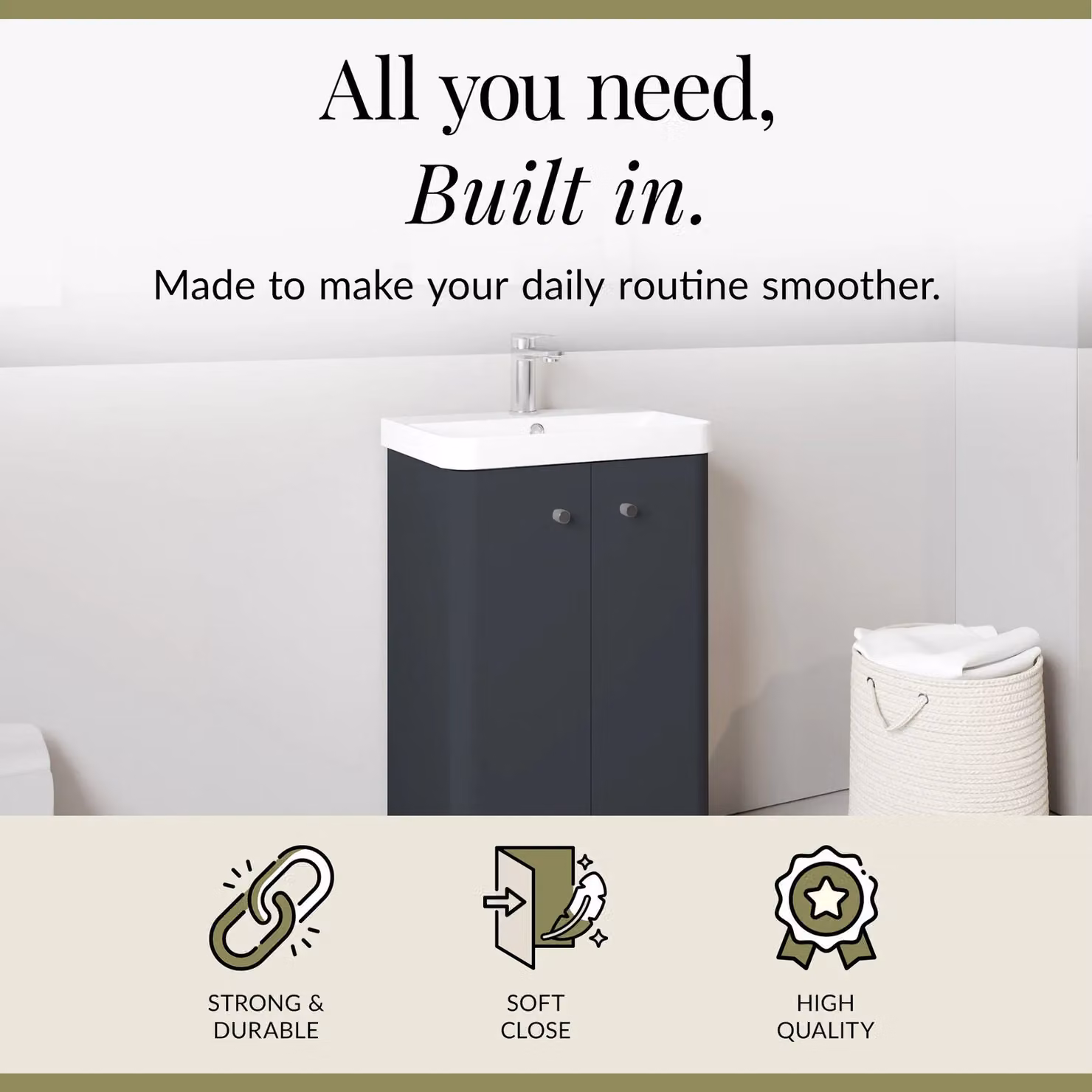 Balterley Dark Grey 2 Door Floor Standing Bathroom Vanity Unit with Basin and Soft Close Hinged Doors, Width: 50 cm – 2