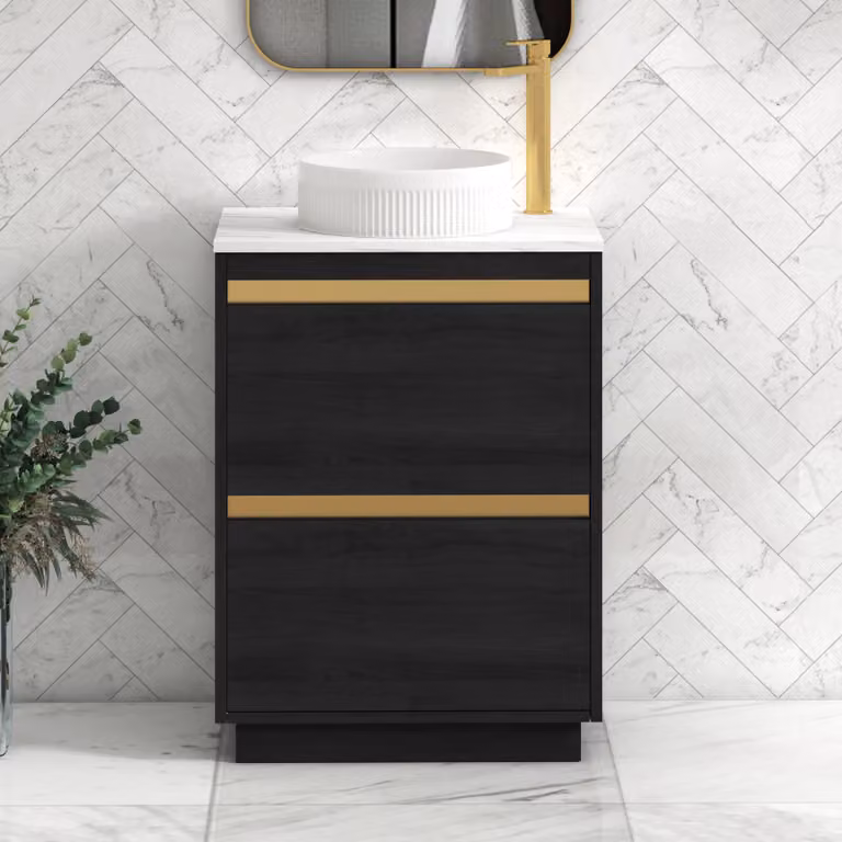 Royal Bathrooms Orion 600mm Hale Black Floor Standing Vanity Unit with Carrara White Countertop, 2 Drawers and Round Basin