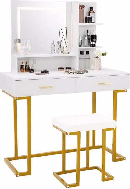 Gymax Vanity Table Set with Cushioned Stool and 3-Colour LED Hollywood Mirror in White – 1