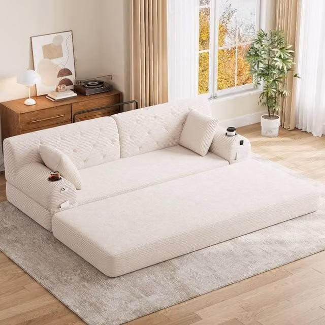 Rolipo Beige Corduroy 3-Seater Sleeper Sofa with High Back and Cup Holders – 1