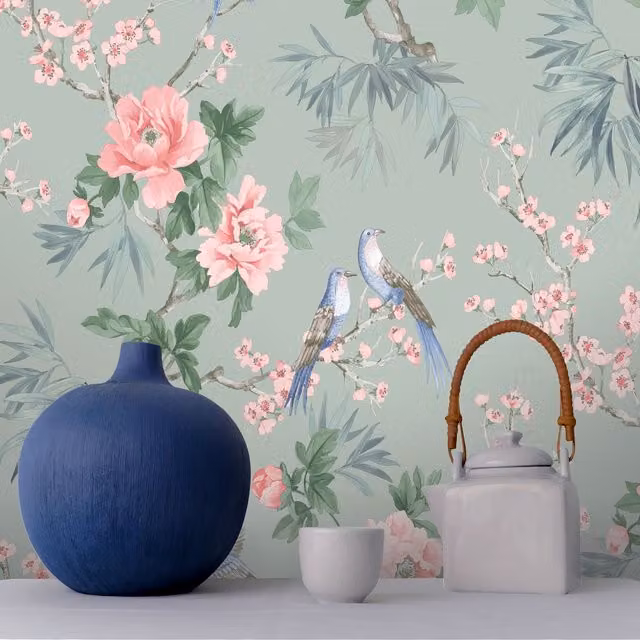 Rasch Chinoiserie Floral and Birds Botanical Wallpaper Roll in Green and Pink