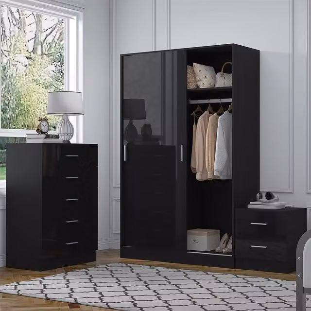 REFLECT Bedroom Furniture Bundle featuring Sliding Wardrobe, Tall Chest and Bedside Table in Black Gloss and Matt Black