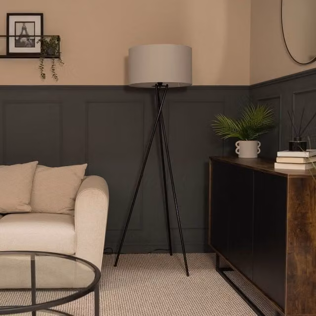 ValueLights Camden Tripod Floor Lamp with Grey Fabric Drum Shade