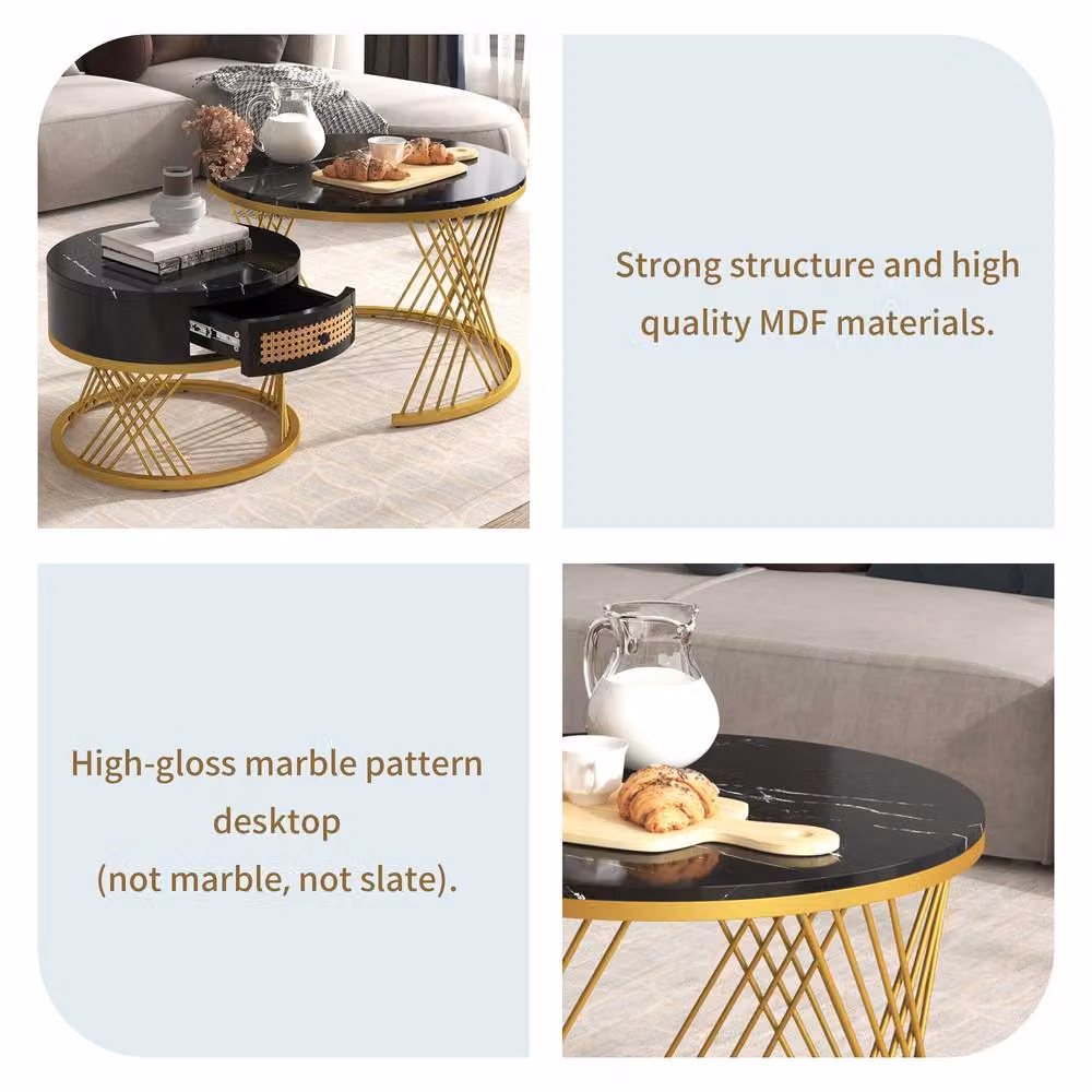 ModernLuxe 2-in-1 Round Coffee Table with Marble Top and Rattan Drawers in Black – 4