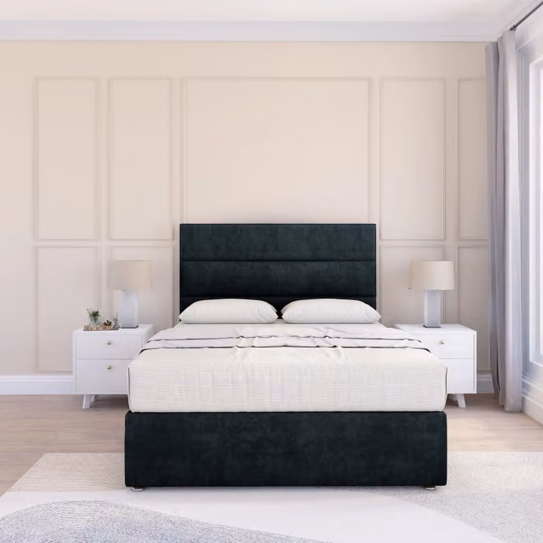 Sloomy Texas Small Single Divan Bed Base with 26 inch Struts Headboard in Black Velvet Fabric