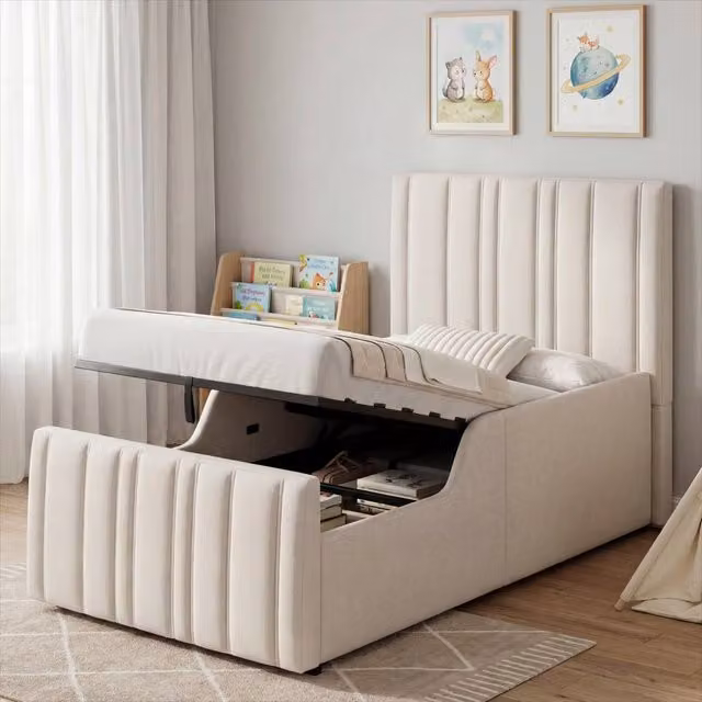 Merax 3ft Single Linen Upholstered Ottoman Storage Bed Frame in Beige, W/D/H: 90 x 190 cm