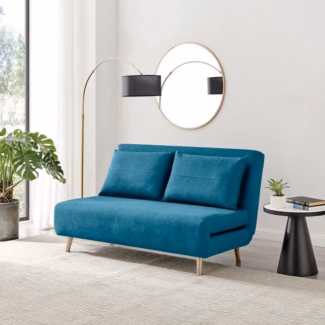 FurnitureboxUK Bobby Blue Upholstered Fabric Double Click-Clack Folding Sofa Bed with Solid Wood Frame
