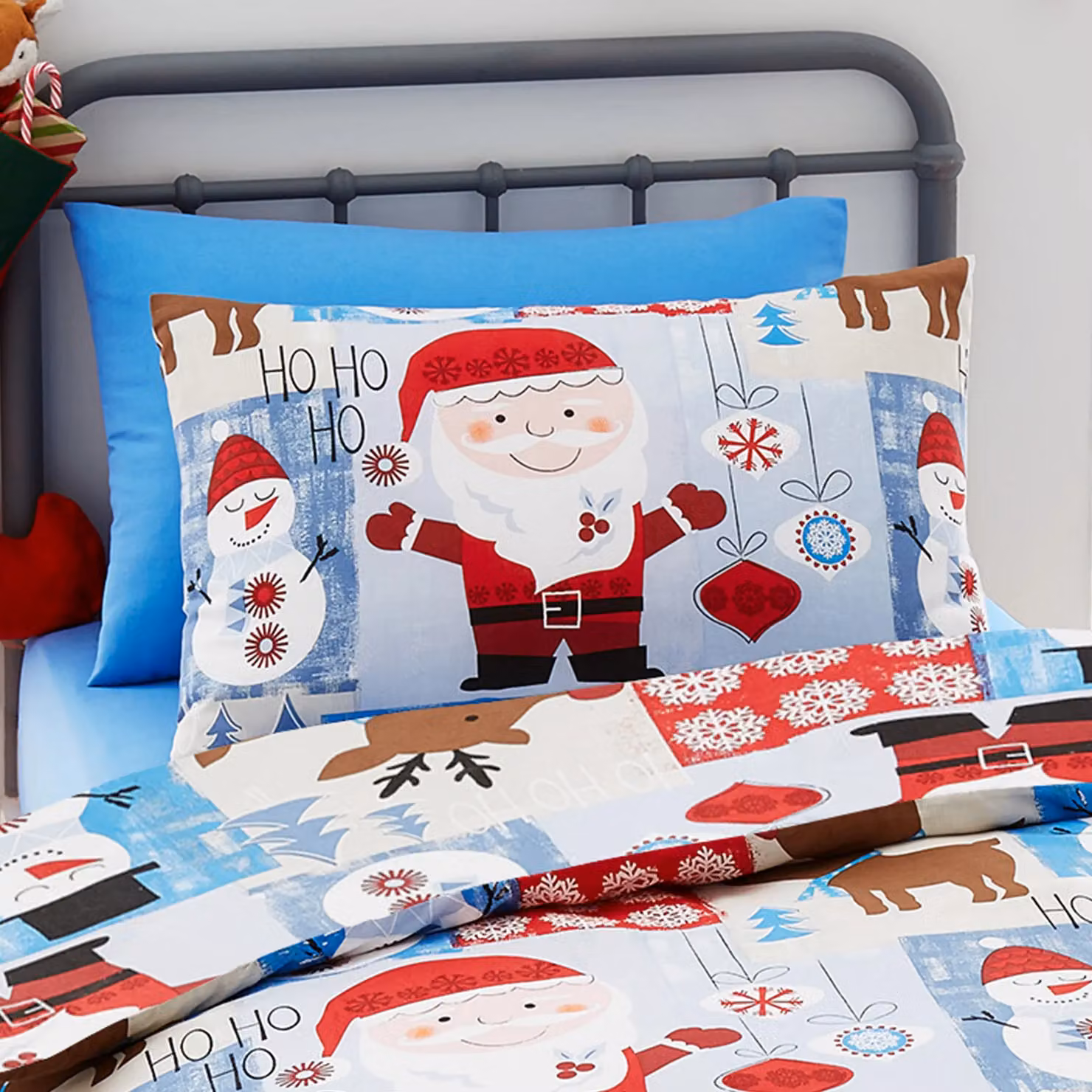 Happy Linen Company Kids Christmas Santa Patchwork Blue Reversible Duvet Cover Bedding Set, Toddler Size – 2
