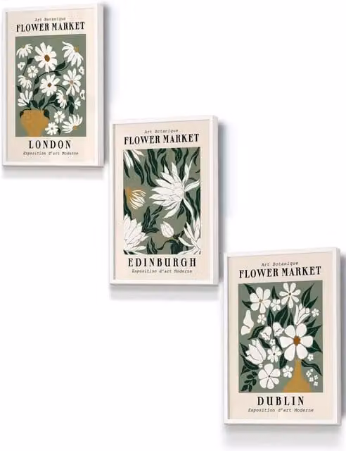 ARTZE Green Flower Market London Edinburgh Dublin Framed Wall Art, White Floral Illustration, W: 33 cm, H: 45 cm, D: 2 cm