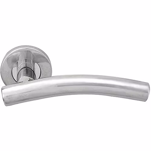 Loops Pair of Arched Round Bar Handles on Round Rose in Polished Stainless Steel Silver