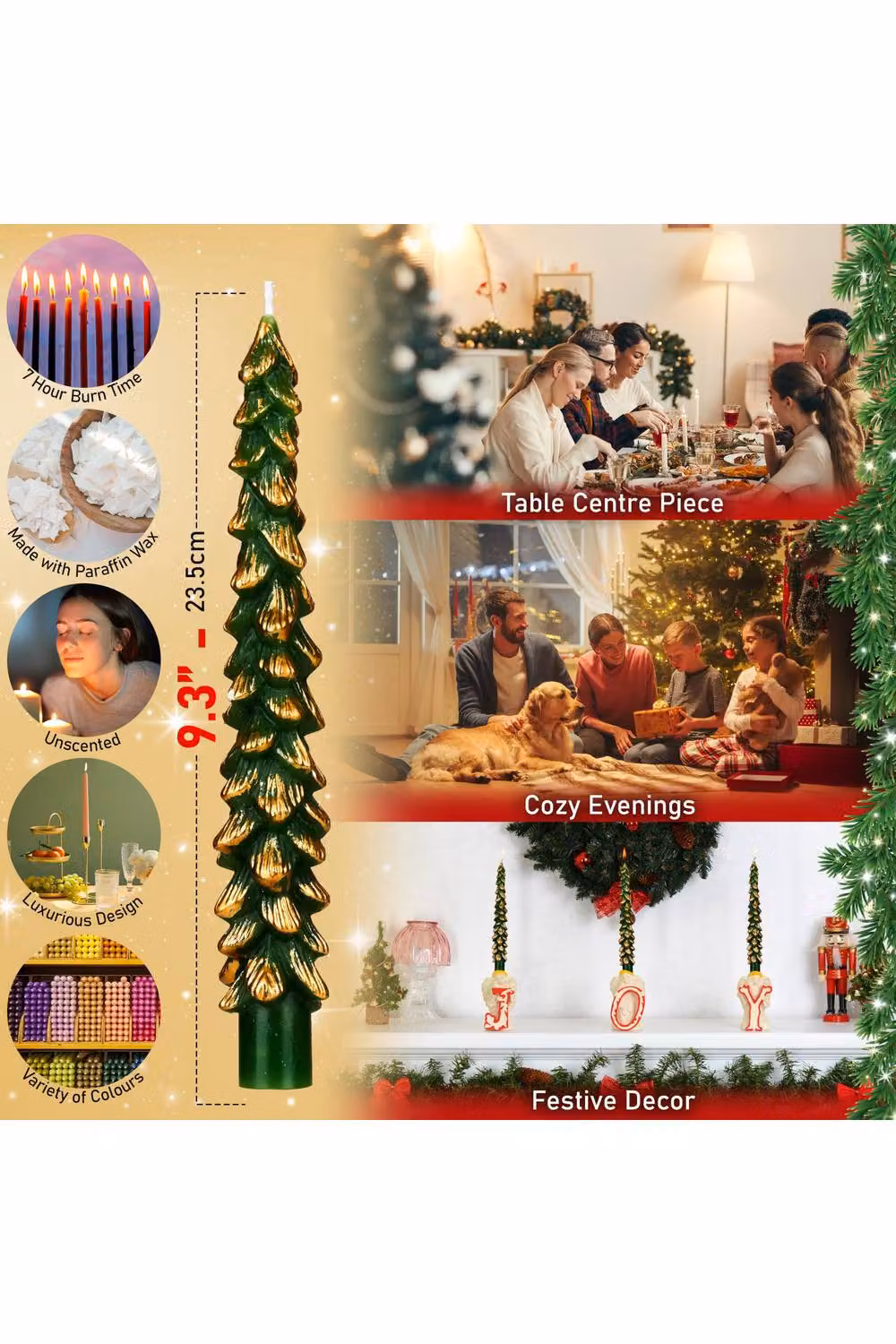 Deco Express Christmas Tree Dinner Candle Set in Green and Gold – 8