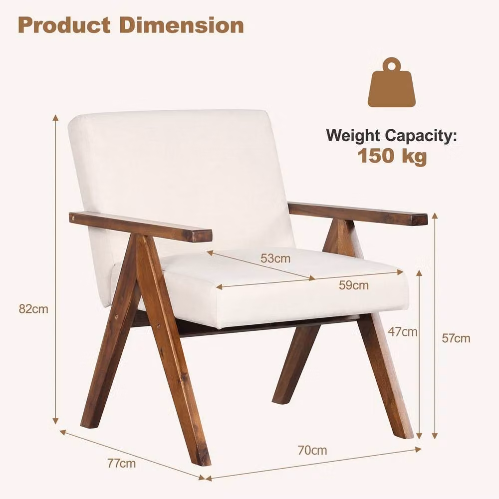 NESTLUNE Mid-century Modern Accent Chair in Beige Fabric with Acacia Wood Frame – 2