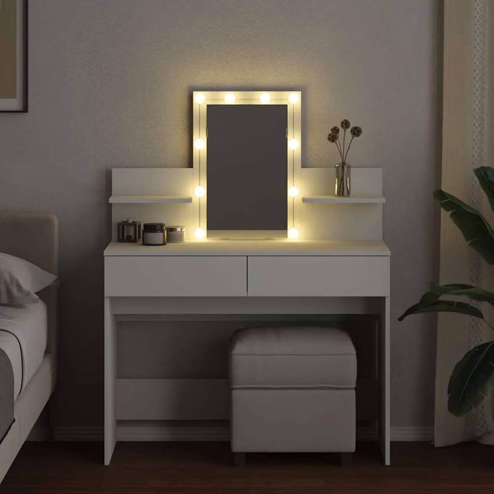 Berkfield Home Hollywood LED Dressing Table in White, W: 100 cm, D: 40 cm, H: 130 cm – 3