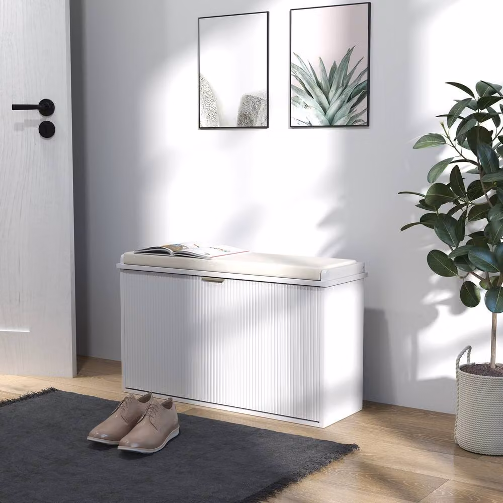 STILVORA Modern Shoe Bench with Padded Seat and Shoe Rack in White and Gold – 2