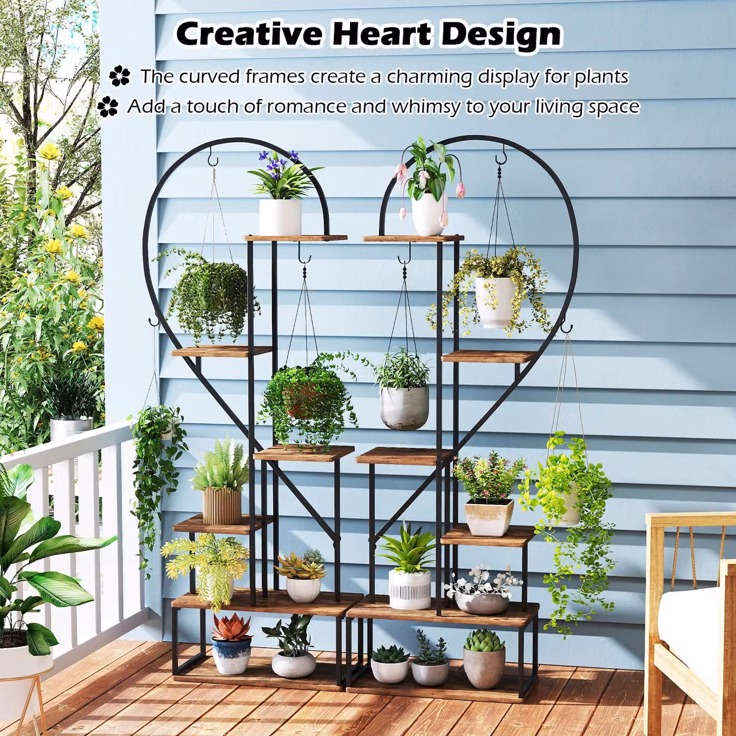 Costway 2 Pack 6-Tier Metal and Wood Heart-Shape Ladder Plant Shelves in Brown – 3