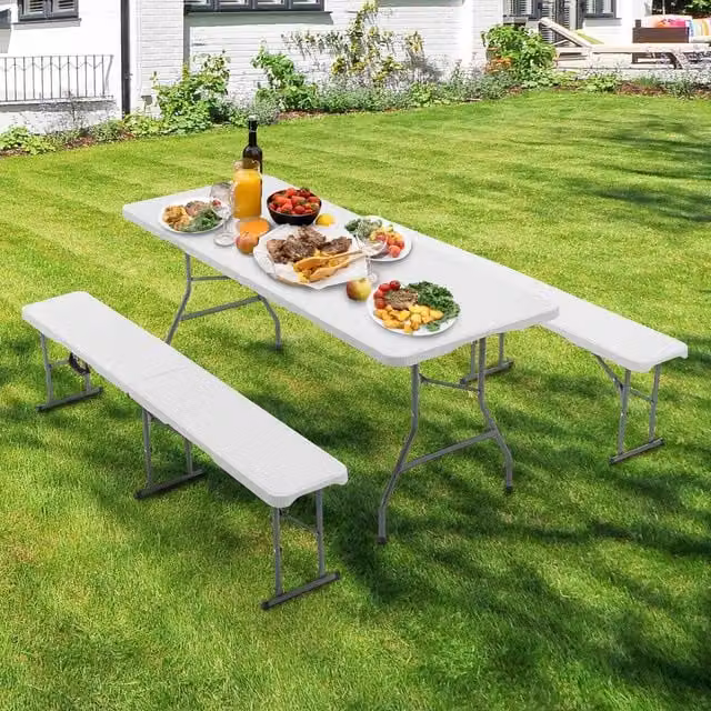 BIRCHTREE White Folding Rectangular Dining Table and 2 Benches Set