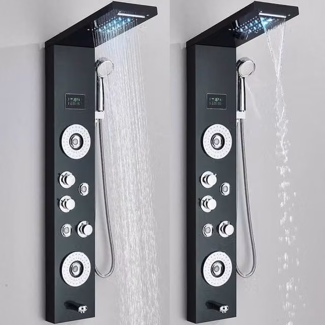PAWNORA Stainless Steel Shower Panel Column Tower System with Rain, Massage and Hand Shower in Matt Black, H: 114 cm – 1
