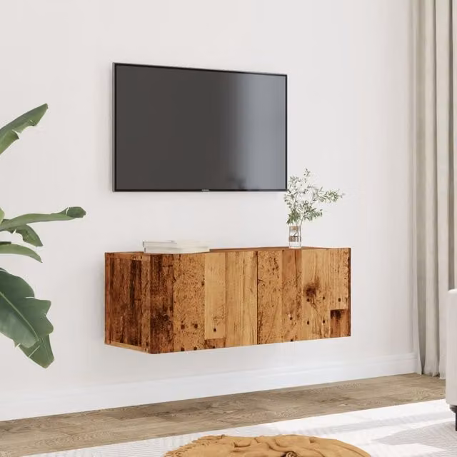Berkfield Home Set of 2 Wall-mounted Rustic Old Wood TV Cabinets, Brown, W/D/H: 80 x 30 x 30 cm – 1