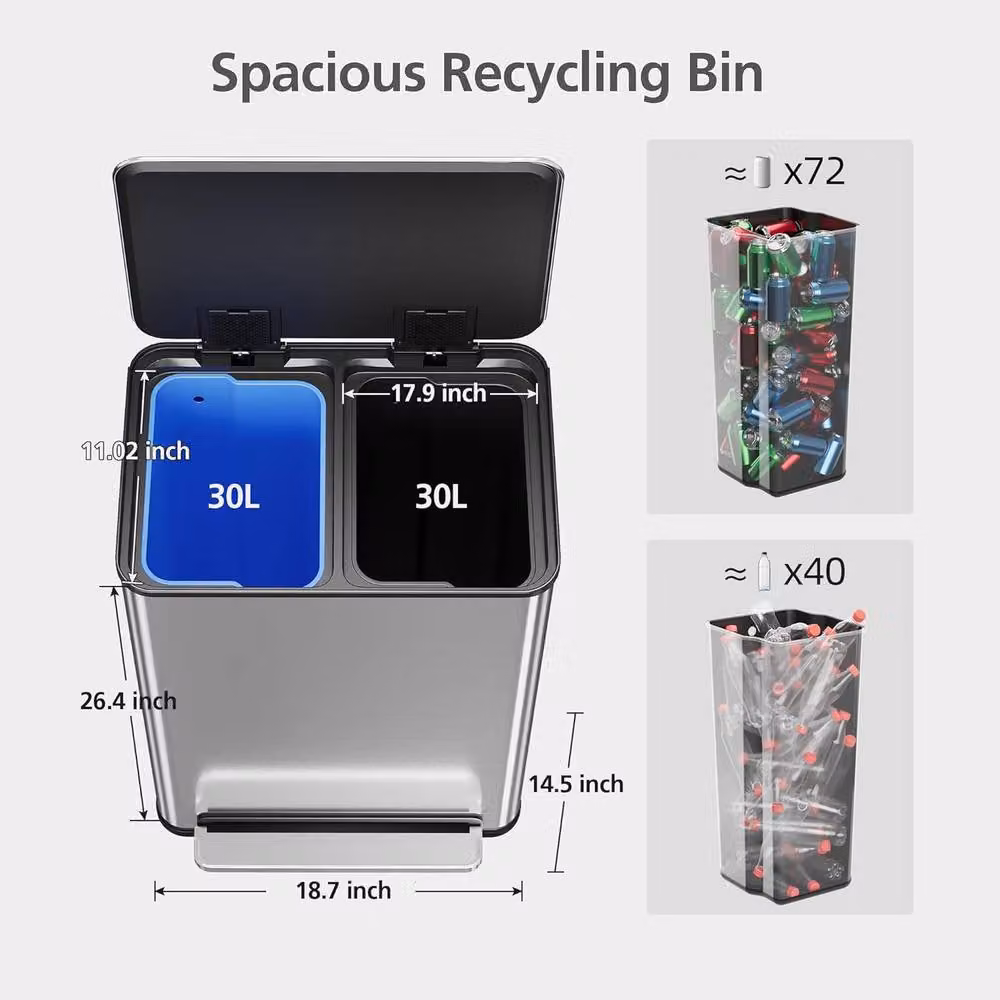 London Boutique Stainless Steel Double Kitchen Trash Can with Soft-Close Lid and Pedal, Silver, 2 x 30L – 3