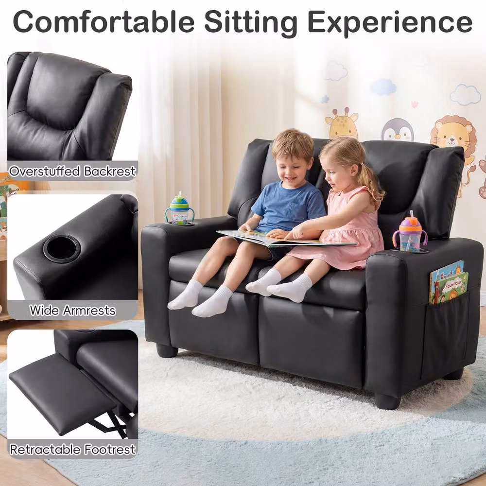CASART 2-Seater Kids Recliner Double Toddler Sofa Chair in Black with 2 Cup Holders – 8