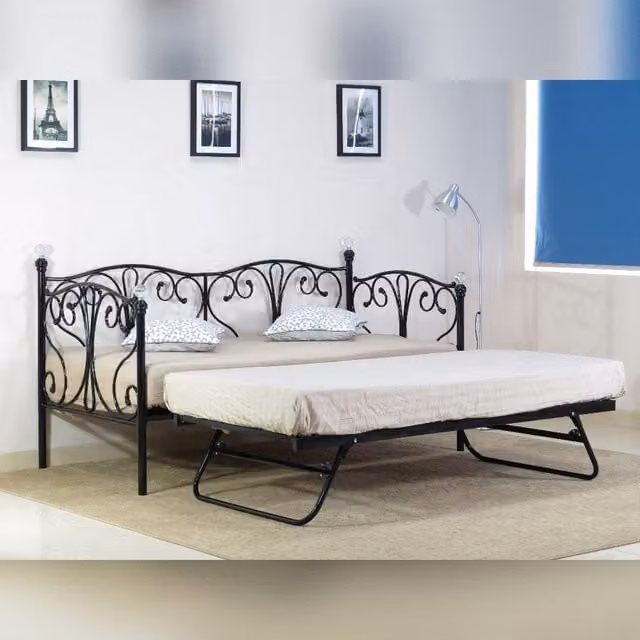 Comfy Living Ltd Metal Crystal Finial Day Bed with Trundle in Black, W/D/H: 80 x 200 cm