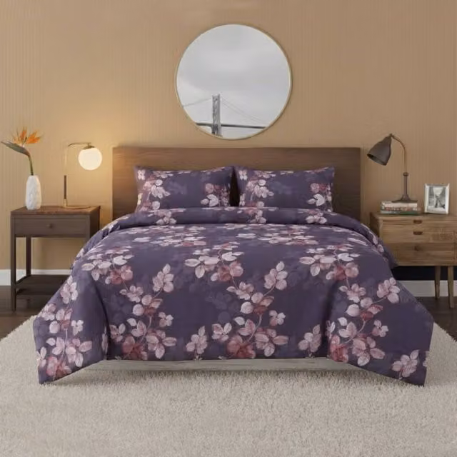 Snug City Bloomy Single Bedding Set with Duvet Cover, Pillowcase and Fitted Sheet in Purple Floral Microfibre – 1