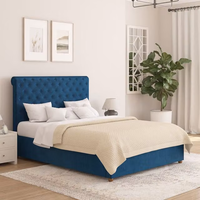 Aspire Taylor Ottoman Storage Bed Frame in Blue Plush Velvet Fabric, Size: 140 x 200 cm – 1