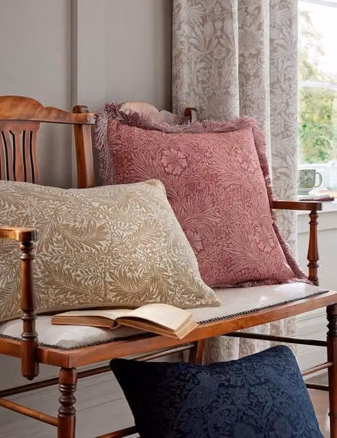 William Morris At Home Marigold Floral Pure Cotton Square Cushion in Pink Mix
