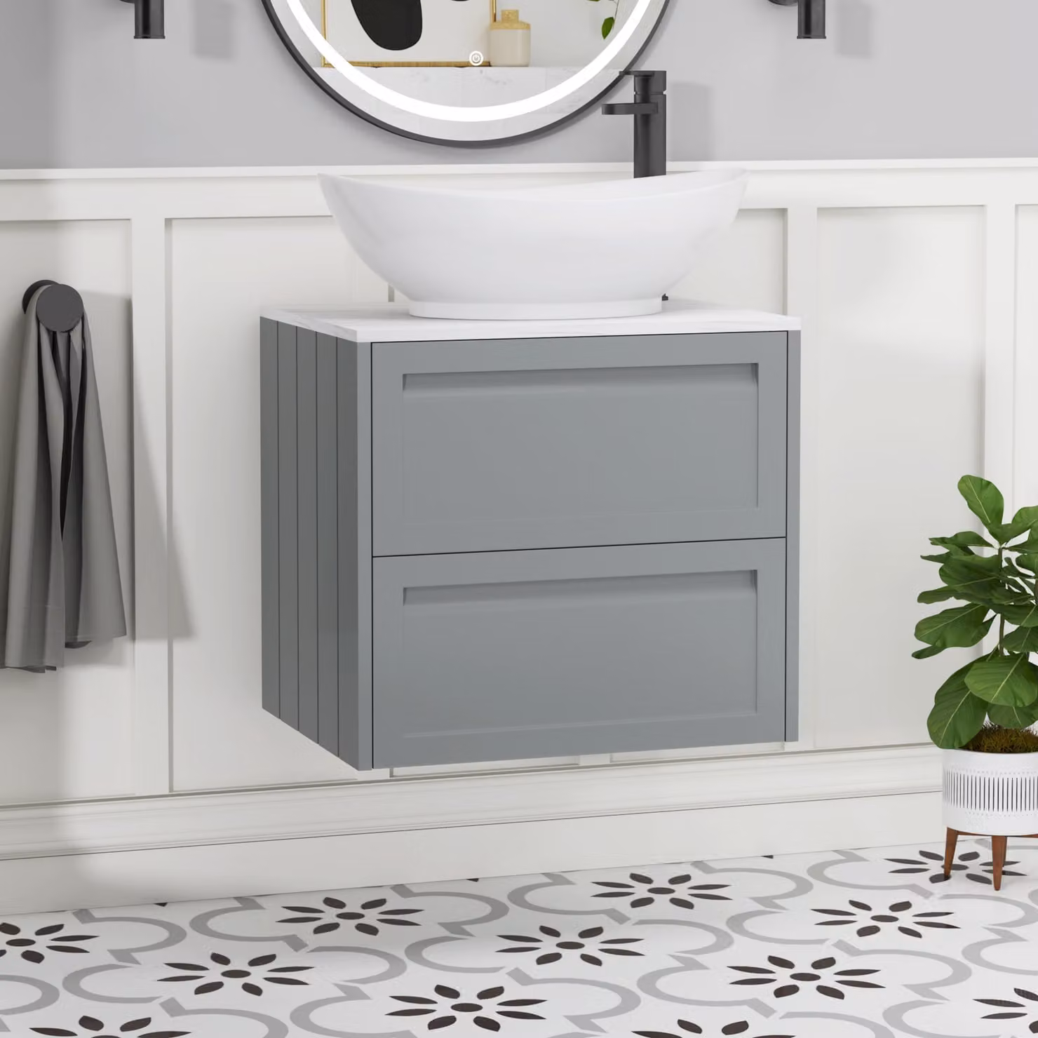 Royal Bathrooms Elmore Matt Pebble Grey Wall Hung 2 Drawer Vanity Unit with Amaze Basin, Width: 60 cm