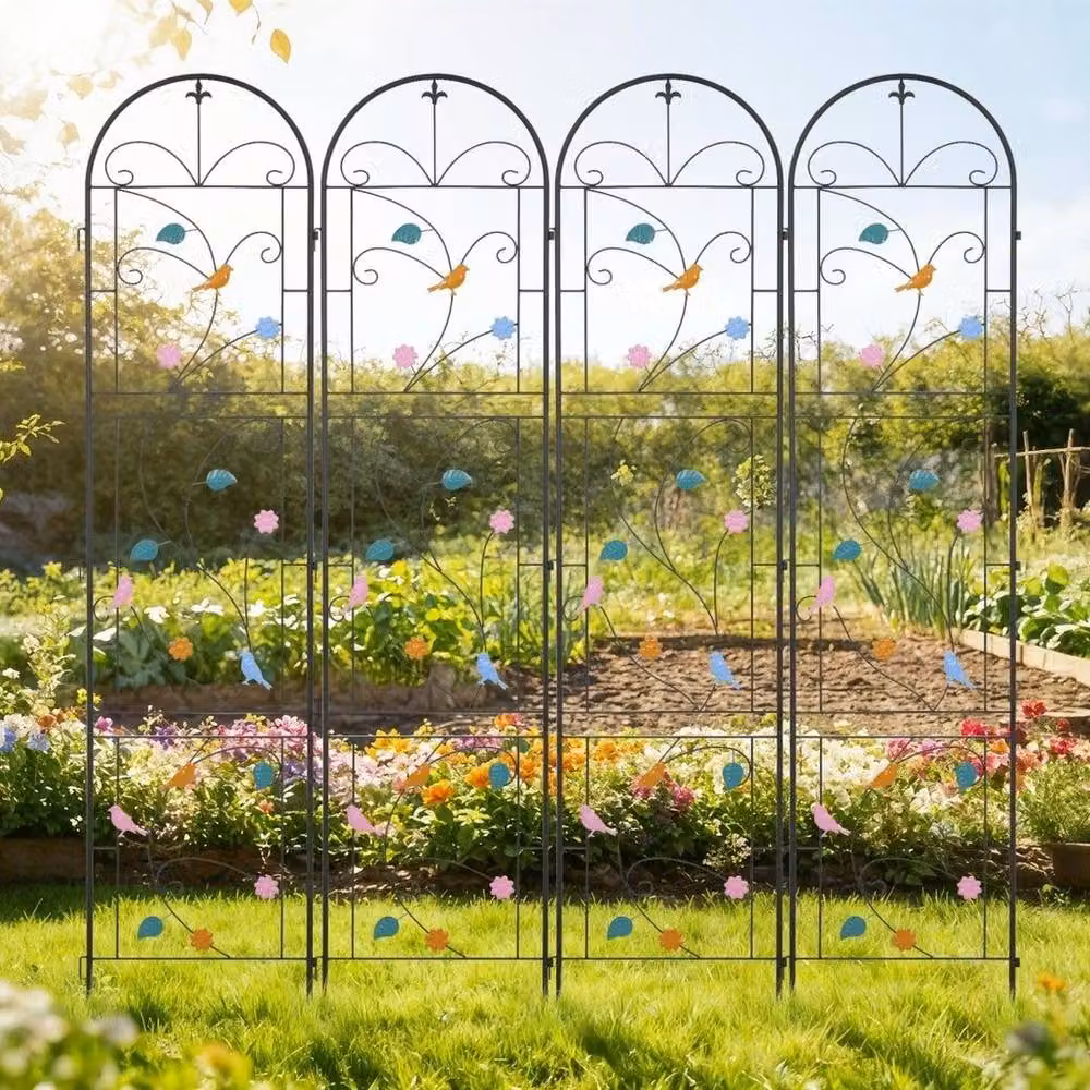 Hinsinc 2-Piece Metal Garden Trellis with Multicolour Bird and Floral Design in Black, W/H: 48 x 214 cm – 4