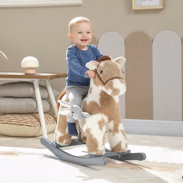 AIYAPLAY Baby Rocking Horse Ride on Plush Animal Rocker with Sound, Brown