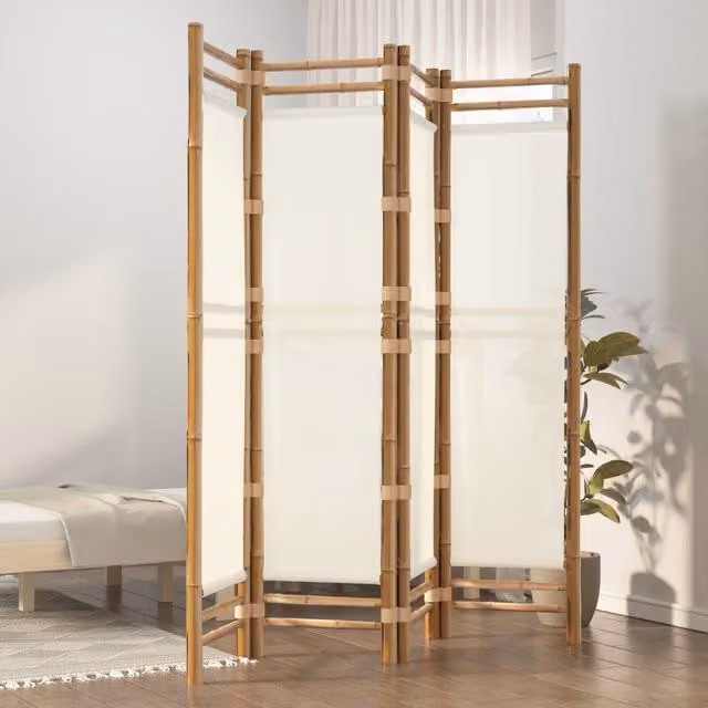 Berkfield Home 4-Panel Folding Room Divider in Beige Bamboo and Canvas, Height: 160 cm