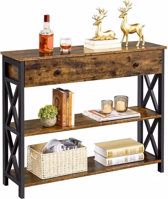 Kelvenix Industrial Console Table with Drawer, Rustic Brown, W: 100 cm, D: 29.5 cm, H: 80.5 cm – 1