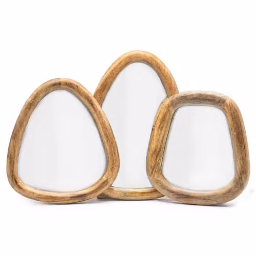 Ancient Wisdom Serenityy Set of 3 Pebble Shaped Organic Wood Wall Mirrors in Brown, W/H: 30 x 20.5 cm, 20 x 22 cm, 22 x 24.5 cm – 1