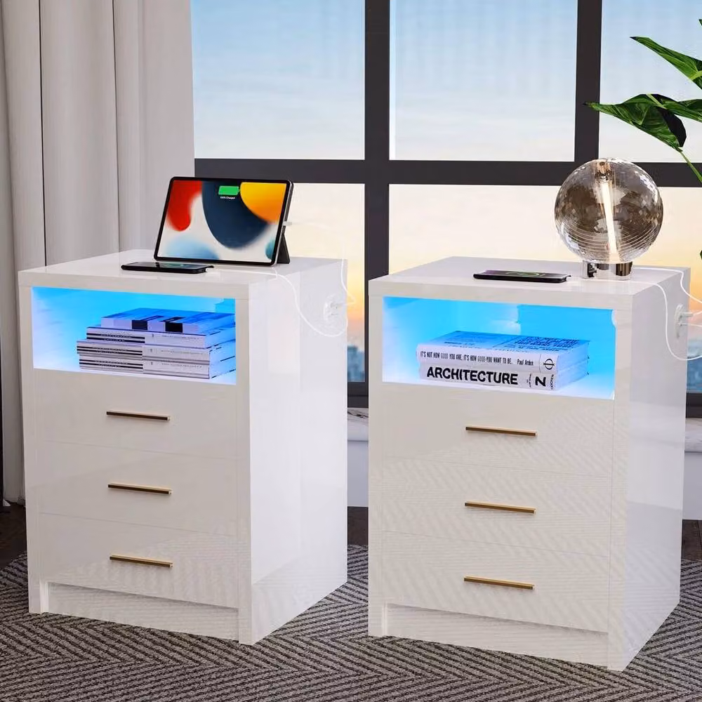 FLAVORA White Modern High Gloss 3 Drawer Bedside Cabinet with Integrated LED Lighting – 2