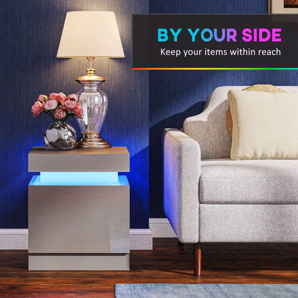 STILVORA Grey Glossy Bedside Table with Integrated LED Lights and 2 Drawers – 3