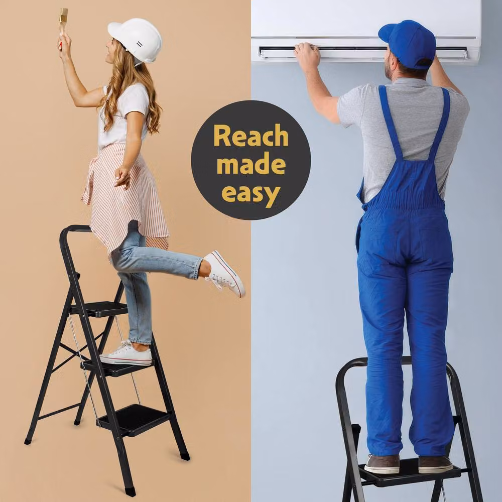 Futura 3 Step Black Heavy-Duty Steel Folding Step Ladder with Rubber Feet – 10