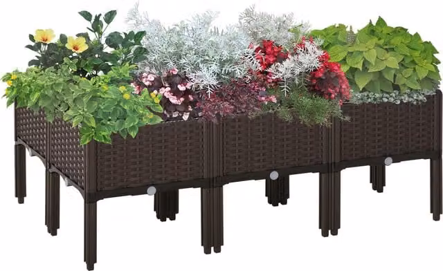 Outsunny Set of 6 Brown Plastic Raised Planter Boxes for Vegetable Gardens, W: 40 cm, H: 44 cm, Volume: 40 l