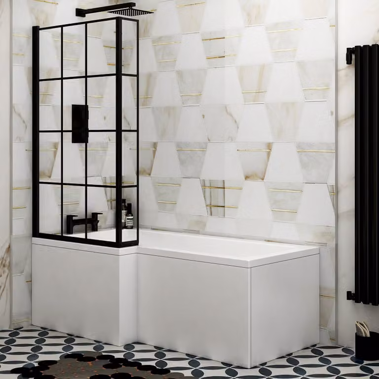 Qubix Left Hand L Shaped Asymmetric Shower Bath with Matt Black Framed Screen, White and Black, W: 160 cm, D: 85 cm