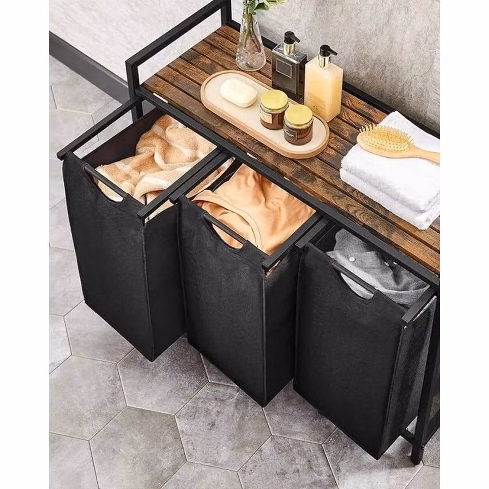 EONLION 3 Compartment Laundry Hamper Basket with Removable Liner Bags, Black, H: 100 cm, W: 120 cm, D: 71 cm – 3