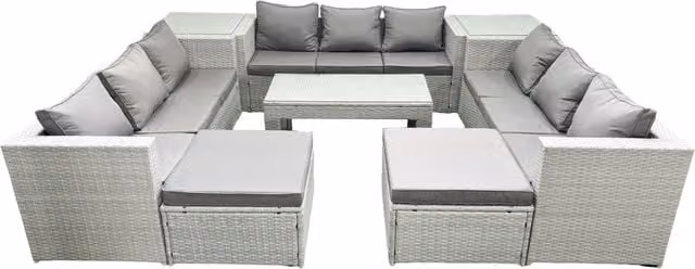 Fimous 11 Seater Rattan Garden Furniture Set in Light Grey with U-Shape Sofa, Oblong Coffee Table, 2 Footstools and 2 Side Tables