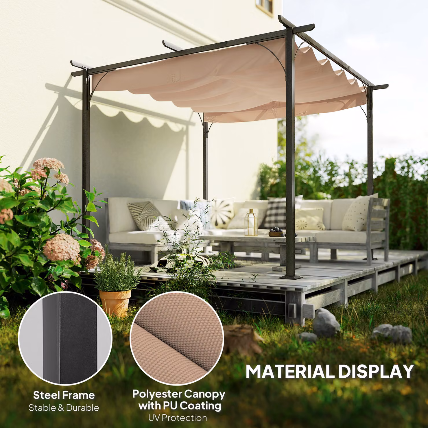 Outsunny Retractable Roof Garden Gazebo with Sides in Beige, W/D/H: 300 x 300 x 230 cm – 4