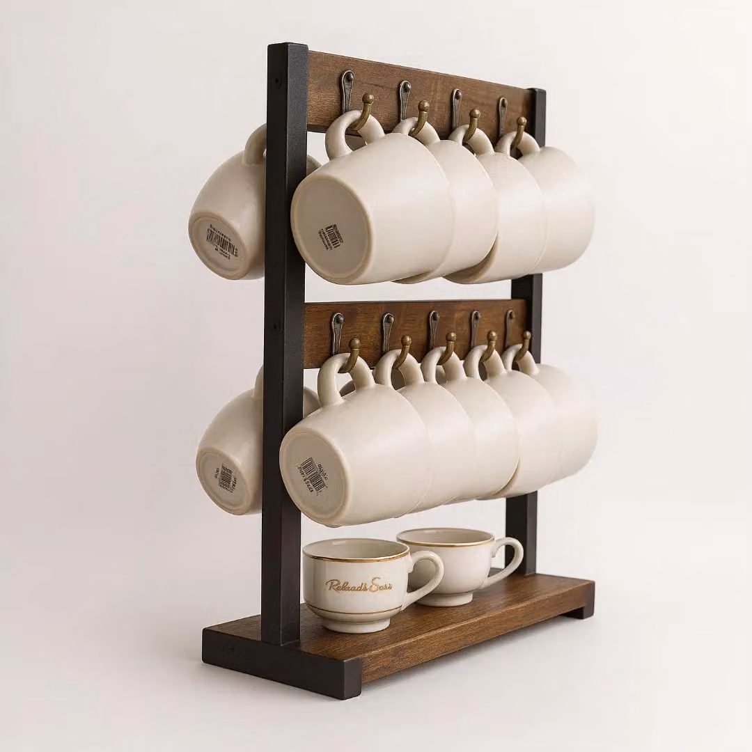 Rafaelo Mobilia Industrial Wooden Mug Holder Stand in Brown – 6