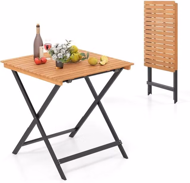 Gymax Square Bistro Folding Dining Table in Brown Acacia Wood for Garden, Balcony or Terrace